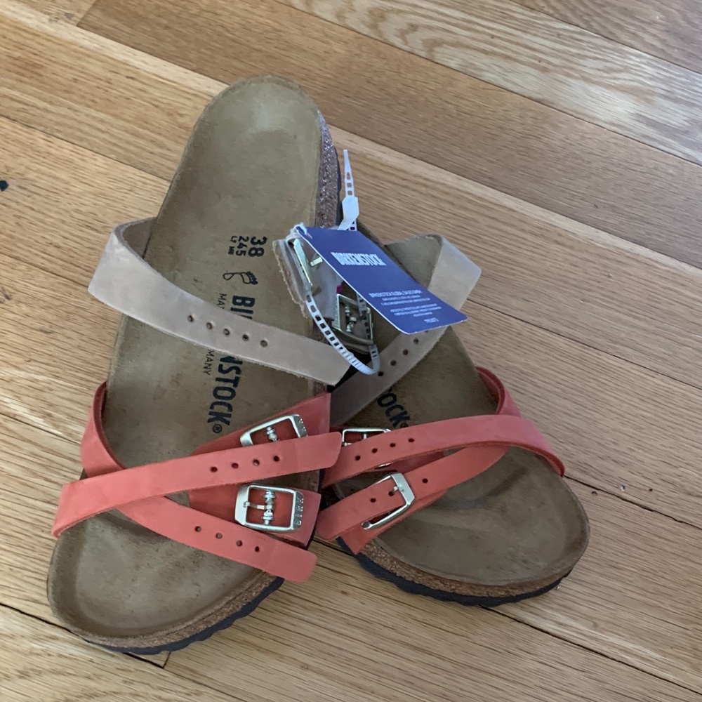 Birkenstock Women's Cross-Strap Sandals in Coral and Beige